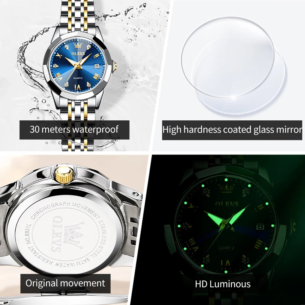 Elegant OLEVS Quartz Watch for Women with Solid Stainless Steel Strap Rhombus Design Wristwatch Bracelet Necklace Gift Box Set