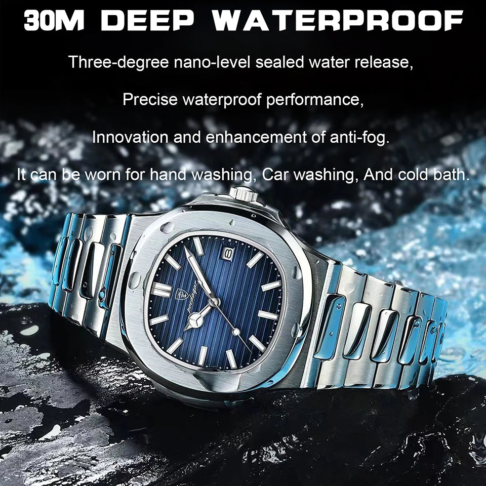 POEDAGAR Luxury Business Watch: Waterproof Men's Stainless Steel Square Quartz Watch with Luminous Date Display