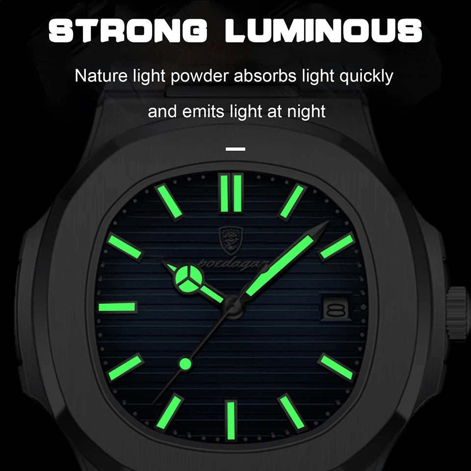 POEDAGAR Luxury Business Watch: Waterproof Men's Stainless Steel Square Quartz Watch with Luminous Date Display