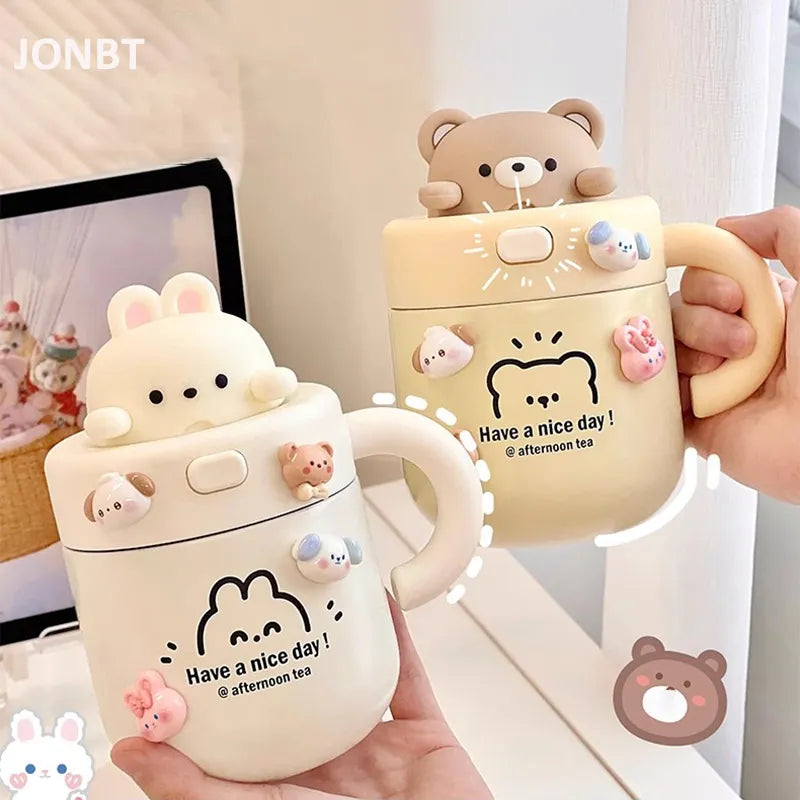 Stainless Steel Kawaii Bear Insulated Thermal Cup with Straw Lid for Hot Cold Drinks and Tea Perfect for Office and Outdoor Use