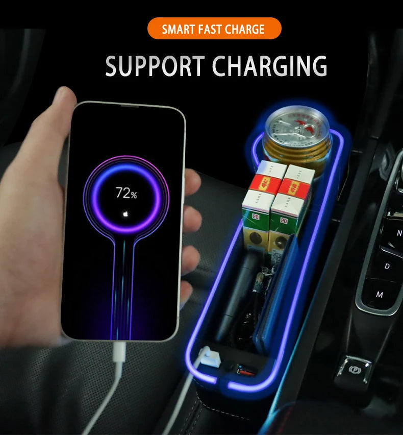 LED Changing Car Seat Gap Filler Cup Holder 7 Colors with 2USB Charger Stowing Tidying Accessories for Vehicle