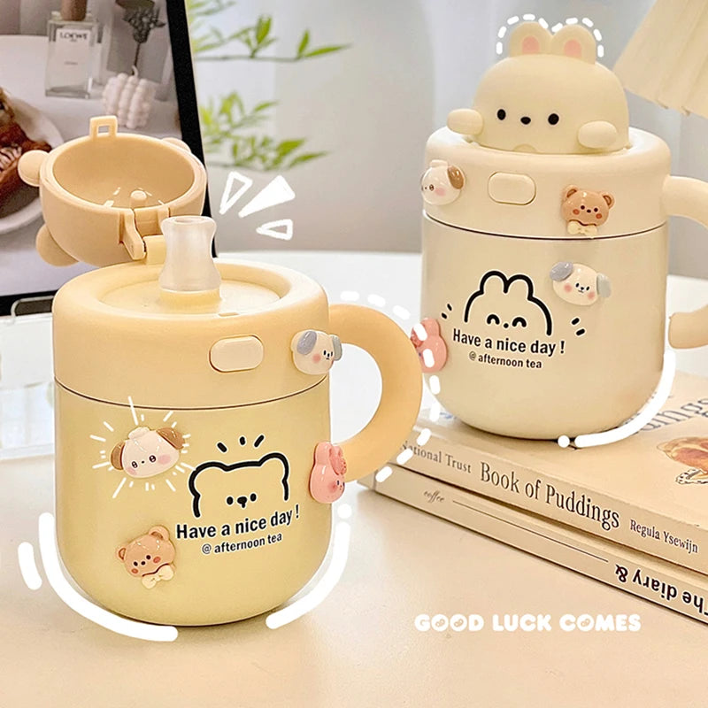 Stainless Steel Kawaii Bear Insulated Thermal Cup with Straw Lid for Hot Cold Drinks and Tea Perfect for Office and Outdoor Use