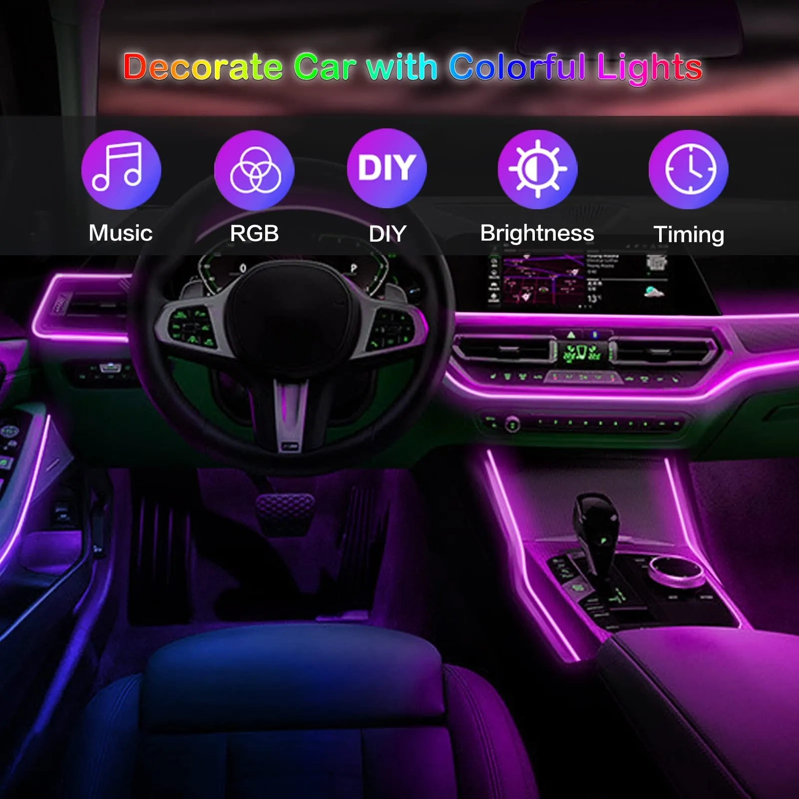 LED Car Interior Ambient Strip Lights RGB Fiber Optic Neon Lighting Kit with App Remote Control Auto Decorative Lamps for Eye Catching Atmosphere