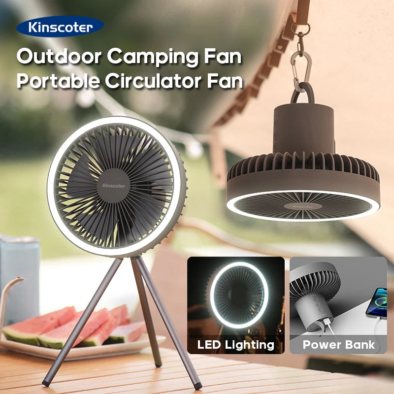 Portable Rechargeable Camping Fan with Power Bank, LED Lighting, and Wireless Ceiling Electric Fan