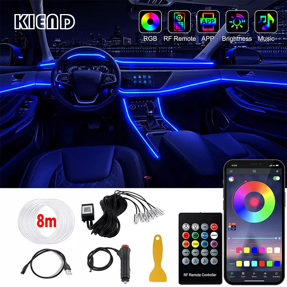 LED Car Interior Ambient Strip Lights RGB Fiber Optic Neon Lighting Kit with App Remote Control Auto Decorative Lamps for Eye Catching Atmosphere