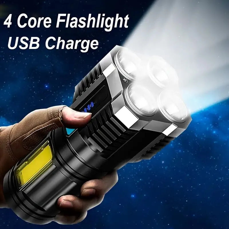 Rechargeable High Power LED Flashlight with 4 Lamp Beads, COB Side Light for Camping