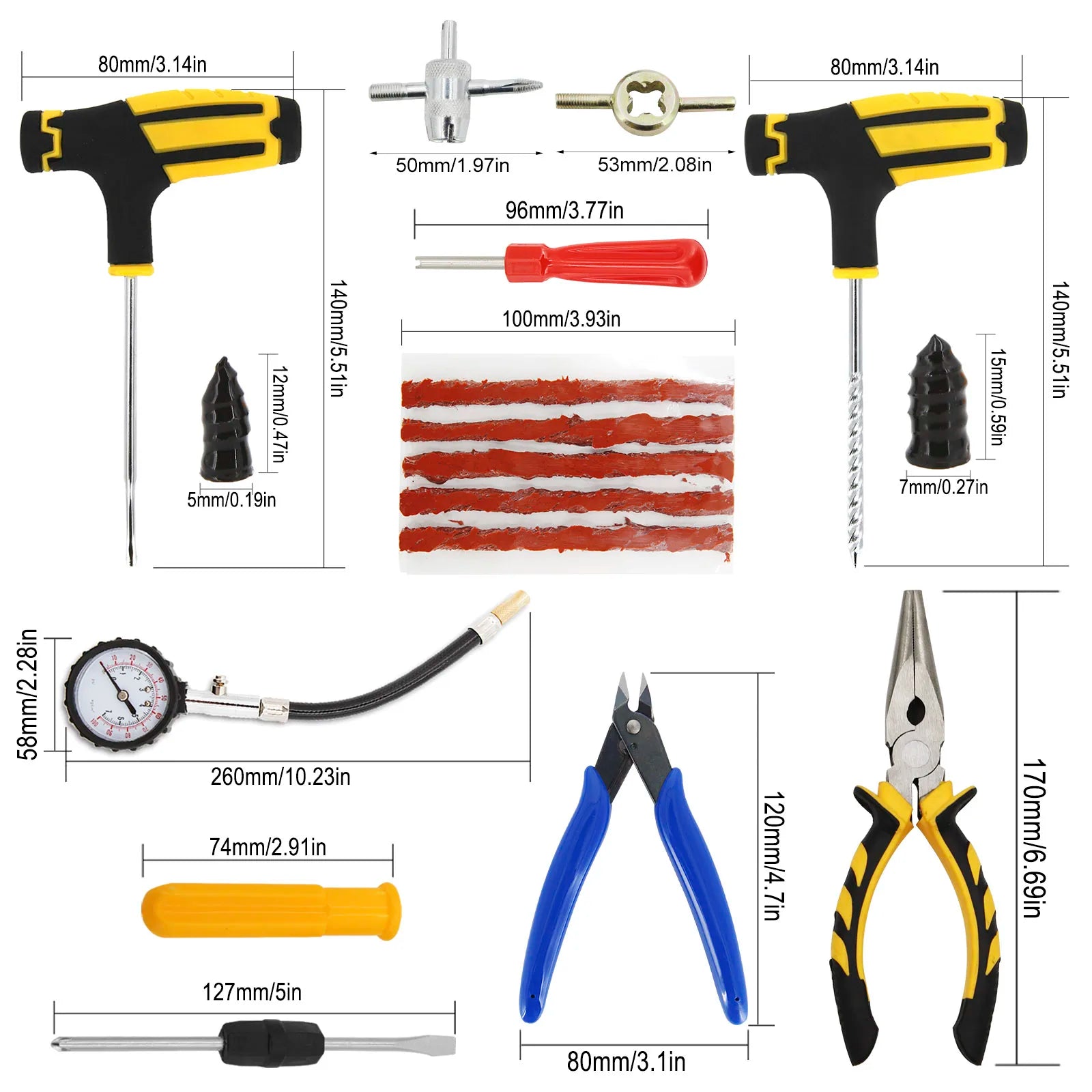 Compact Car Tire Repair Tool Kit with Storage Case Auto Bike Puncture Plug Garage Needle Nose Pliers Vacuum Film Nail Screws