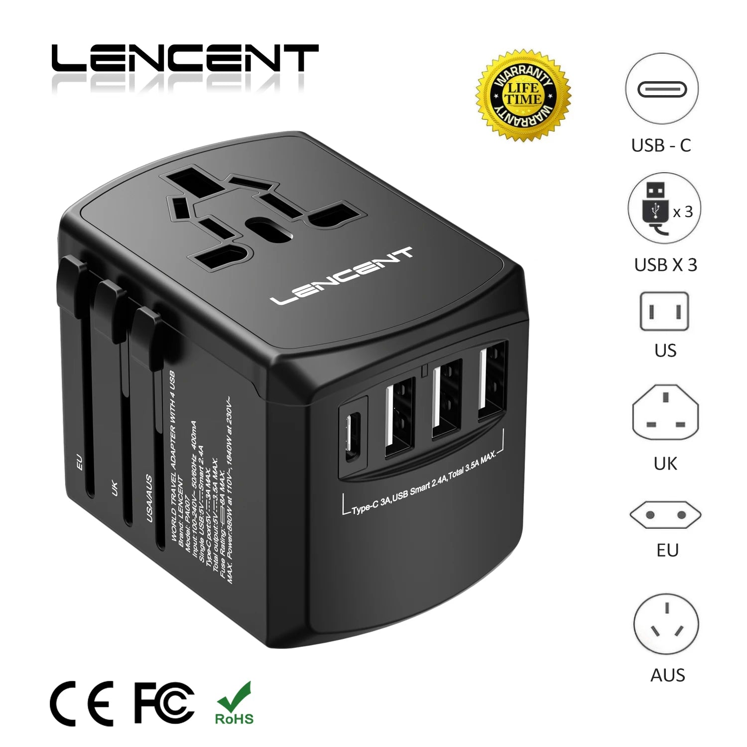 Power Up Anywhere: LENCENT Universal Travel Adapter with US/EU/UK/AU Plugs