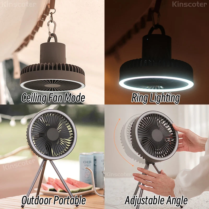 Portable Rechargeable Camping Fan with Power Bank, LED Lighting, and Wireless Ceiling Electric Fan