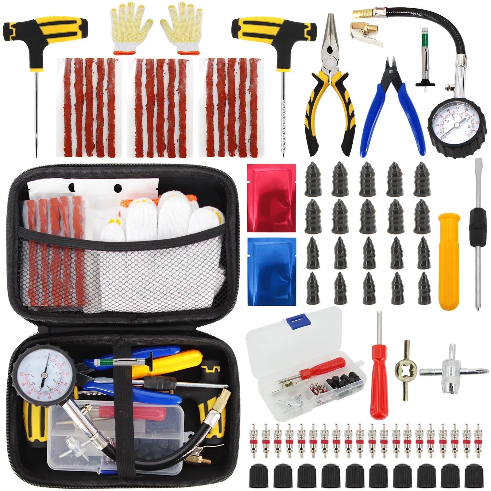 Compact Car Tire Repair Tool Kit with Storage Case Auto Bike Puncture Plug Garage Needle Nose Pliers Vacuum Film Nail Screws