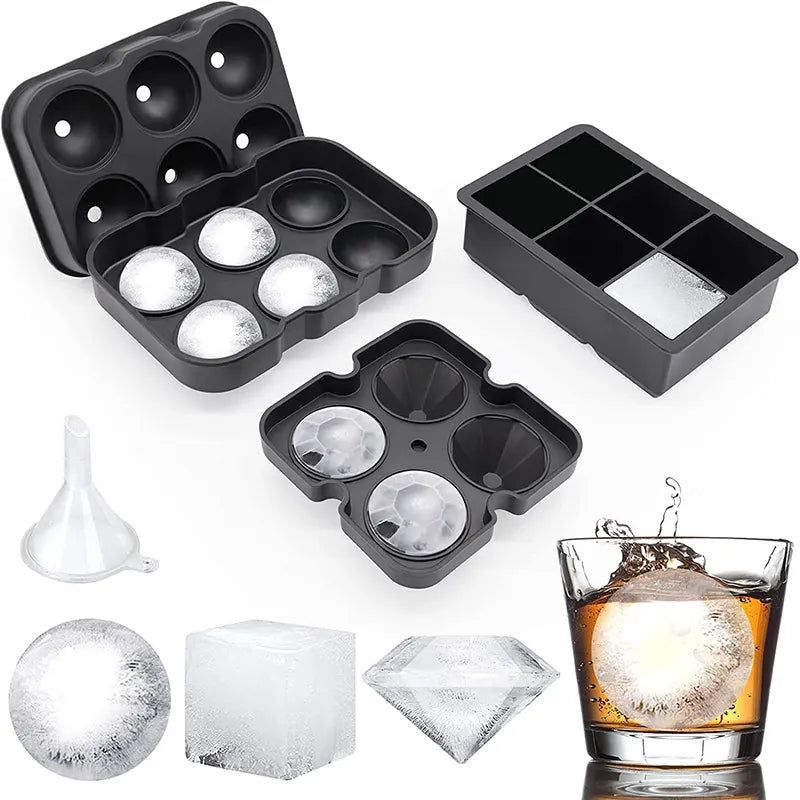 Silicone Ice Cube Tray Set with Lid and Reusable Molds: Includes Large Freezer Molds, Ice Ball Mold, and Diamond Ice Mold