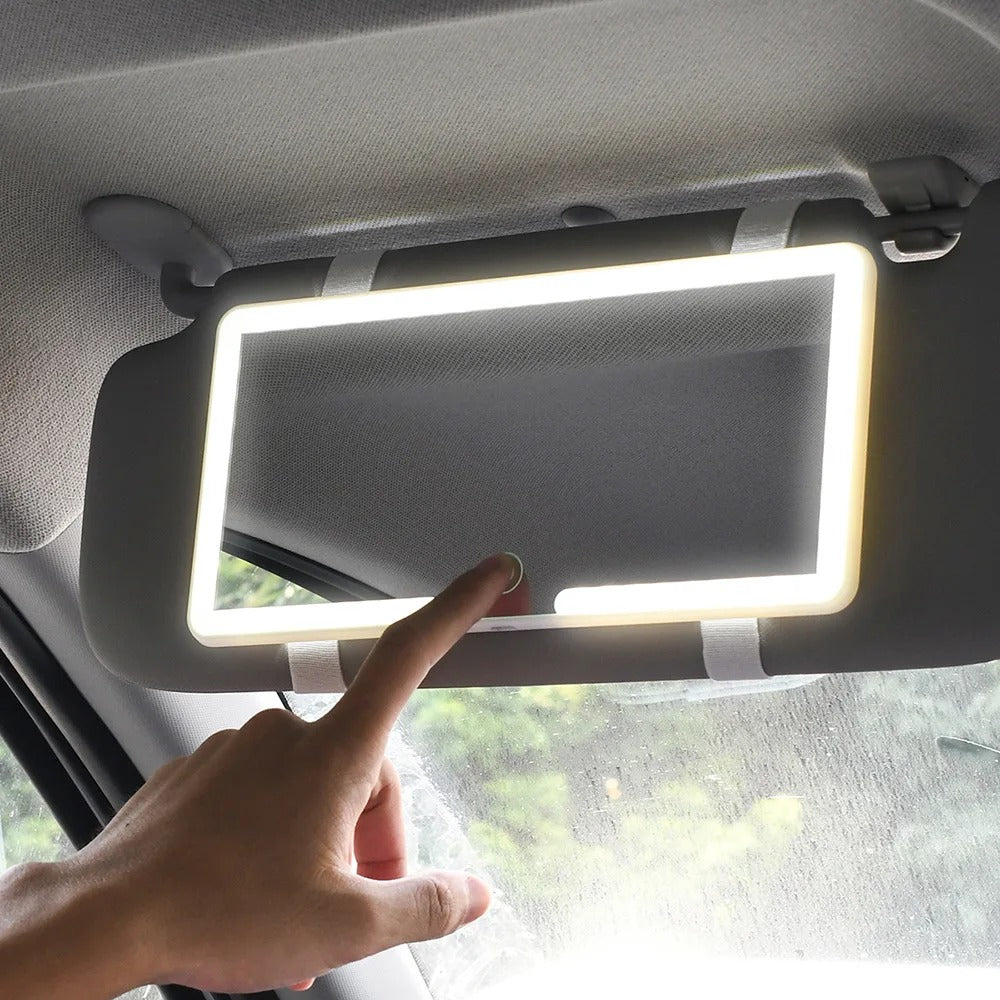Make-up mirror for car sun visor with LED touch screen, switchable auto interior.